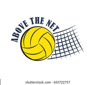 Volleyball badge, creative label above the net for players competing in sport game, athletes and coaches motto, t-shirt badge for fan zone or volunteers, vector illustration