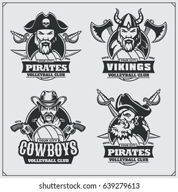 Volleyball badges, labels and design elements. Sport club emblems with pirate,cowboy and viking.
