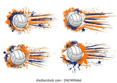 Volleyball ball banners, sport tournament and championship vector halftone backgrounds. Volleyball ball flying and hitting goal with stars, club and team league emblem, orange blue badges