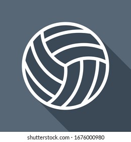 Volleyball ball, beach sport, outline design. White flat icon with long shadow on blue background