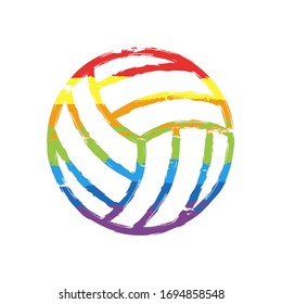 Volleyball ball, beach sport, outline design. Drawing sign with LGBT style, seven colors of rainbow (red, orange, yellow, green, blue, indigo, violet