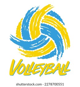 Volleyball ball in brush strokes . Sports design in blue and yellow. Volleyball theme design for sport lovers stuff and perfect gift for players and fans