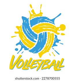 Volleyball ball in brush strokes . Sports design in blue and yellow. Volleyball theme design for sport lovers stuff and perfect gift for players and fans