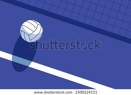 Volleyball ball casts a shadow on volleyball court, top view, volleyball net shadow and ball, view from above, poster with space for text, vector