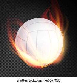 Volleyball Ball In Fire Vector Realistic. Burning Volley Ball. Transparent Background