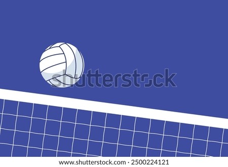 Volleyball ball flies over volleyball net, sport poster with space for text, vector