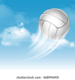 Volleyball Ball fliegt auf bewölktem Himmelshintergrund. Realistische Vektorgrafik. 