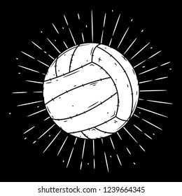 Volleyball ball. Hand drawn vector illustration with volleyball ball and divergent rays. Used for poster, banner, web, t-shirt print, bag print, badges, flyer, logo design and more.