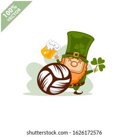  Volleyball ball happy Saint Patrick's Day theme. Cartoon character with green hat illustration vector logo.