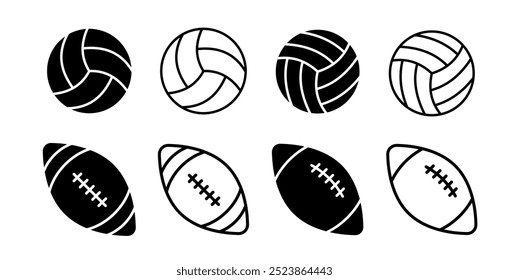 Conjunto de iconos de pelota de voleibol. Icono de pelota de rugby. Símbolo de pelota deportiva. Pelota en estilo diferente. Vector 