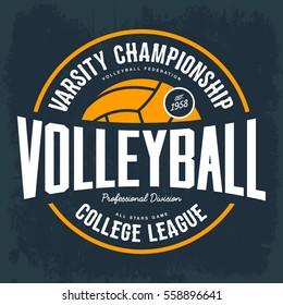 Volleyball ball as logo for college tournament. T-shirt or cloth print for varsity tournament, hand athletic sport, league division banner. Branding and clothing advertising, shirt gear for players