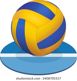 Volleyball ball lying on the line of a piece of blue indoor volleyball court (cut out)