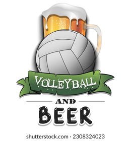 Volleyball ball with mug of beer. Pattern for banner, poster, greeting card, party invitation, signboard, menu pub. Vector illustration