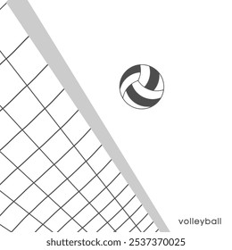 Volleyball ball over volleyball net isolated in gray. Vector banner template with Volleyball ball and text space. Concept of Volleyball  for your web site design, app, UI. EPS10.