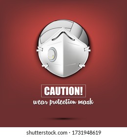 Volleyball ball with a protection mask. Caution! wear protection mask. Stop coronavirus covid-19 outbreak. Risk disease. Cancellation of sports tournaments. Pattern design. Vector illustration