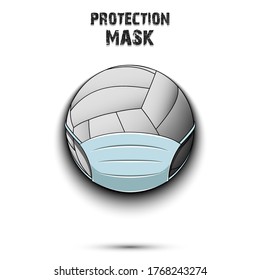 Volleyball Ball With A Protection Mask. Caution! Wear Protection Mask. Risk Disease. Cancellation Of Sports Tournaments. Pattern Design. Vector Illustration