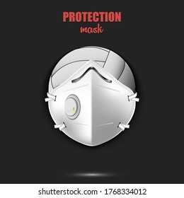 Volleyball ball with a protection mask. Caution! wear protection mask. Risk disease. Cancellation of sports tournaments. Pattern design. Vector illustration