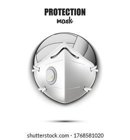 Volleyball ball with a protection mask. Caution! wear protection mask. Risk disease. Cancellation of sports tournaments. Pattern design. Vector illustration