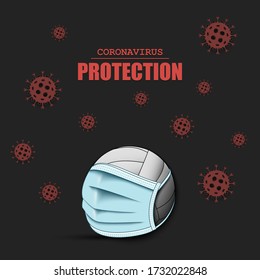 Volleyball ball with a protection mask and cells coronavirus bacteriums. Stop covid-19 outbreak. Caution risk disease 2019-nCoV. Cancellation of sports tournaments. Pattern design. Vector illustration