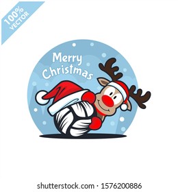 Volleyball ball santa hat with cartoon christmas deer logo vector