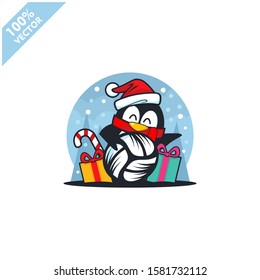 Volleyball ball santa hat with cartoon christmas penguin logo vector	
