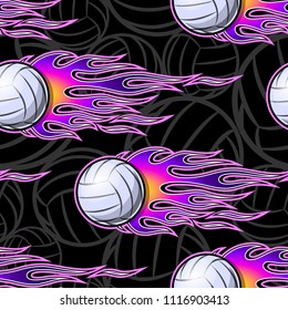 Volleyball ball seamless pattern with hot rod flame. Printable vector illustration. Ideal for wallpaper, packaging, fabric, textile, wrapping paper design and any decoration.