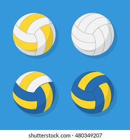 Volleyball ball set vector isolated from the background. Icons leather white, blue and yellow volleyballs in a flat style. 