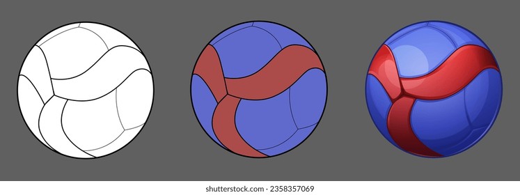 Voleibol en varias versiones. Establecer. Ilustraciones aisladas. Línea de voleibol, voleibol plano, voleibol volumétrico. Ilustración vectorial.