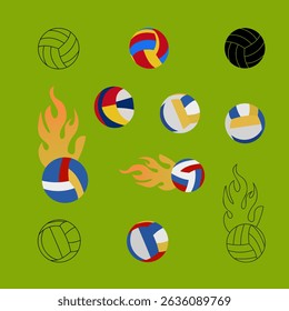 volleyball, ball, sport, flame, fire, hot, speed, action, graphic, illustration, vector, icon, set, collection, design, pattern, athletic, game, recreation, competition, power, energy, dynamic