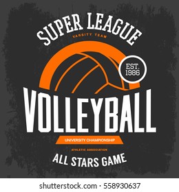 Volleyball ball for sportswear gear. Hand sport advertising or clothing branding, university or college tournament emblem. Man and woman sport club or center badge, athletic team t-shirt design