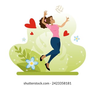 Volleyball ball submission. A girl in a jump hits a volleyball with her hand. Volleyball is a lifestyle. An active type of outdoor recreation in the park. Flat vector illustration in cartoon style