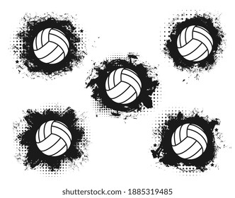 Volleyball balls and grunge spots isolated vector icons on white background. Sports equipment, accessory for playing game, championship or beach tournament competition, design elements or labels set