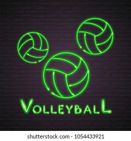 Volleyball Balls Neon Light Glowing Vector Illustration with Alphabet Neon Light Green Bright