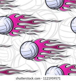 Volleyball balls printable seamless pattern with hotrod flames. Vector illustration. Ideal for wallpaper, packaging, fabric, textile, wrapping paper design and any decoration.