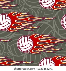 Volleyball balls printable seamless pattern with hotrod flames. Vector illustration. Ideal for wallpaper, packaging, fabric, textile, wrapping paper design and any decoration.