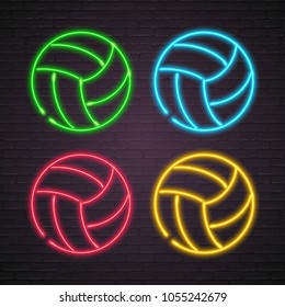 Volleyball Balls Set Neon Light Glowing Different Colour Versions Illustration Bright with Dark Background 