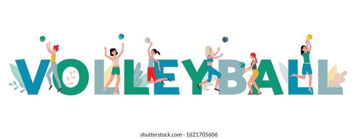 Volleyball banner with cartoon athlete women hitting the ball. Female sport competition poster element with people jumping in air playing volleyball - flat isolated vector illustration