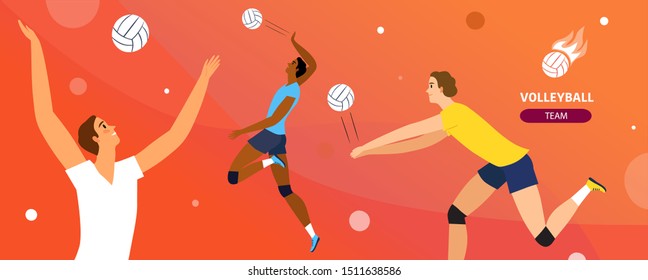 Volleyball banner with strong dynamic men players on blue background. Sport and healthy lifestyle illustration for your design.