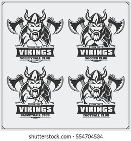 Volleyball, baseball, soccer and football logos and labels. Sport club emblems with viking.