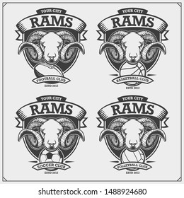 Volleyball, basketball, football and soccer emblems with rams. Design elements for sport club. Print design for t-shirts.