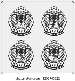 Volleyball, basketball, soccer and football logos and labels. Sport club emblems with king cobra.