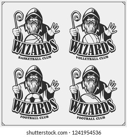 Volleyball, basketball, soccer and football logos and labels. Sport club emblems with wizard or magician. Print design for t-shirts.