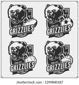 Volleyball, basketball, soccer and football logos and labels. Sport club emblems with grizzly bear. Print design for t-shirts.