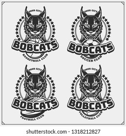 Volleyball, basketball, soccer and football logos and labels. Sport club emblems with bobcat. Print design for t-shirts.