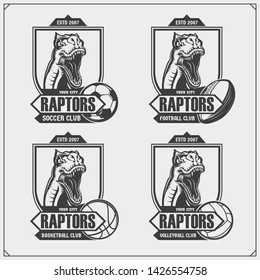 Volleyball, basketball, soccer and football logos and labels. Sport club emblems with raptor dinosaur. Print design for t-shirts.