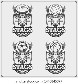 Volleyball, basketball, soccer and football logos and labels. Sport club emblems with deer or stag. Print design for t-shirt.