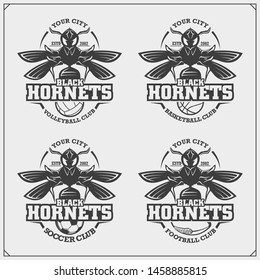 Volleyball, basketball, soccer and football logos and labels. Sport club emblems with hornet. Print design for t-shirts.