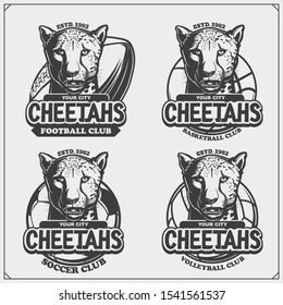Volleyball, basketball, soccer and football logos and labels. Sport club emblems with cheetahs. Print design for t-shirt.