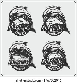 Volleyball, basketball, soccer and football logos and labels. Sport club emblems with dolphin.