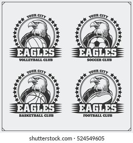 Volleyball, basketball, soccer and football logos and labels. Sport club emblems with eagle.